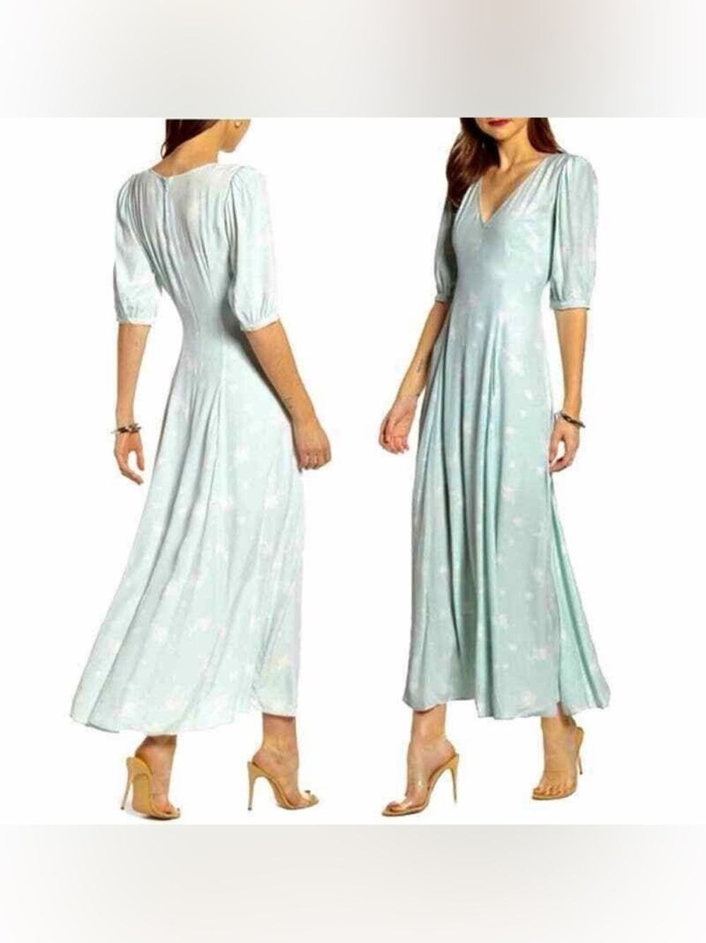 Something Navy Mint Green Maxi Dress short puff sleeves teal chalk etch flower M